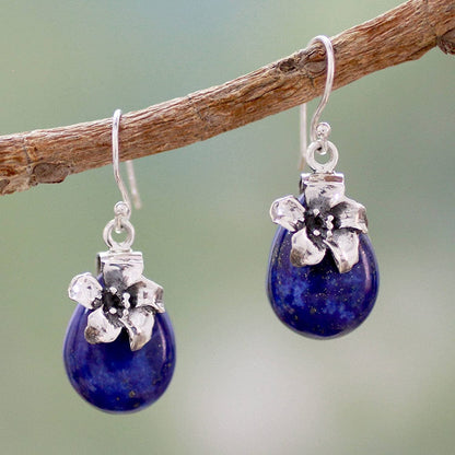 Lapis Lazuli .925 Sterling Silver Floral Dangle Earrings 'Lovely Lily'