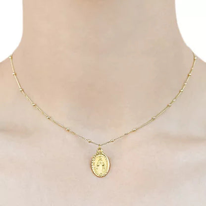 14K Yellow Gold Virgin Mary Choker Necklace, 16"