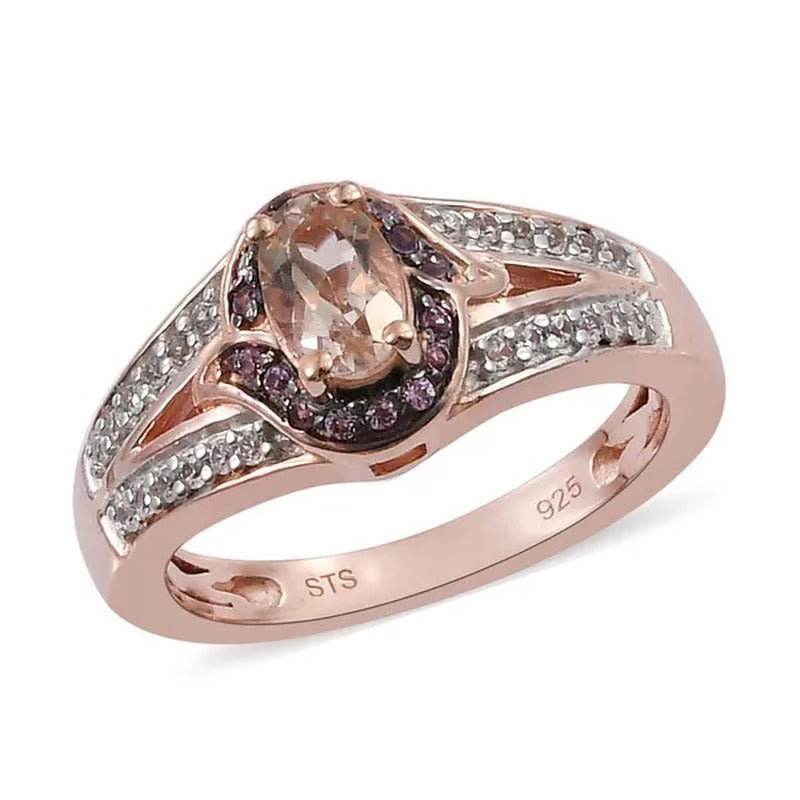 Promise Ring 925 Sterling Silver Vermeil Rose Gold AA Premium Morganite Zircon W