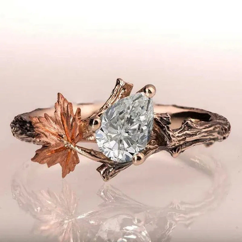 Vintage Maple Leaves Ring Women'S Fashion Rose Gold Twig Leaf Moonstone Ring Set