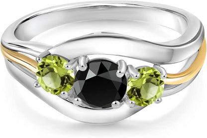 1.08 Ct round Black Onyx Green Peridot 925 Silver and 10K Yellow Gold Ring