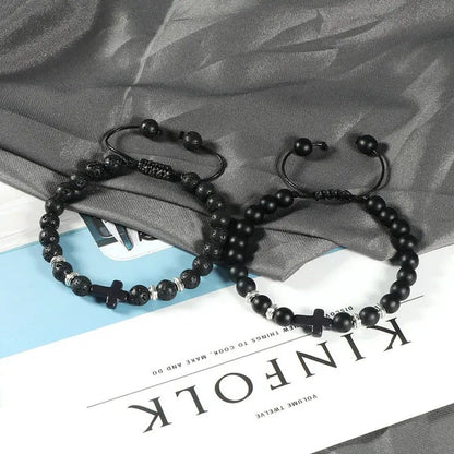 Handmade Natural Stone Wooden Beaded Bracelet Christian Jesus Cross Braided Brac