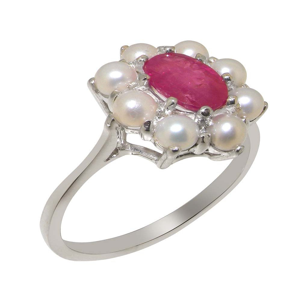 LBG British Made 925 Sterling Silver Natural Ruby & Cultured Pearl Womens Statem