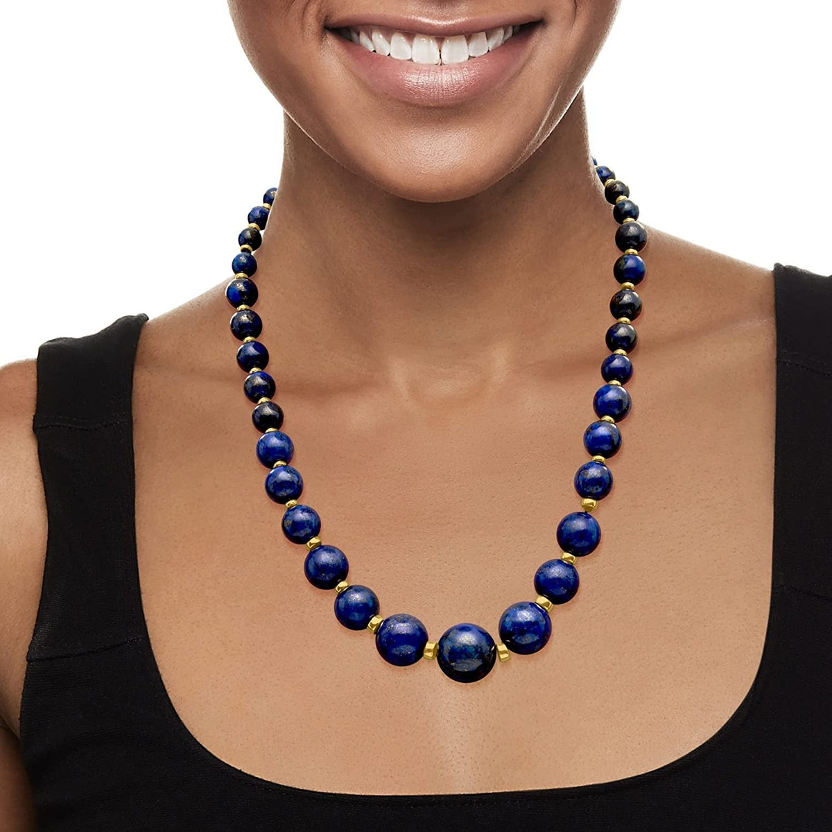 6-18Mm Graduated Blue Lapis Bead Necklace with 14Kt Yellow Gold