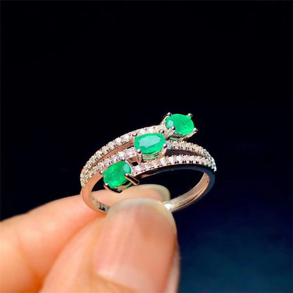 925 Silver Inlaid Natural Colombian Emerald Ring