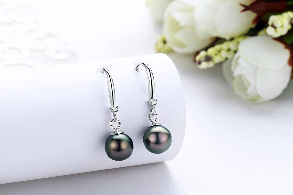 Classic AAA Quality Genuine Tahitian Black Pearl Dangle Drop Earrings 8-9Mm – Bi