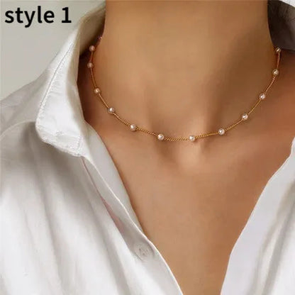 New Beads Women'S Neck Chain Simulation Pearl Necklace Gold Color Goth Chocker J