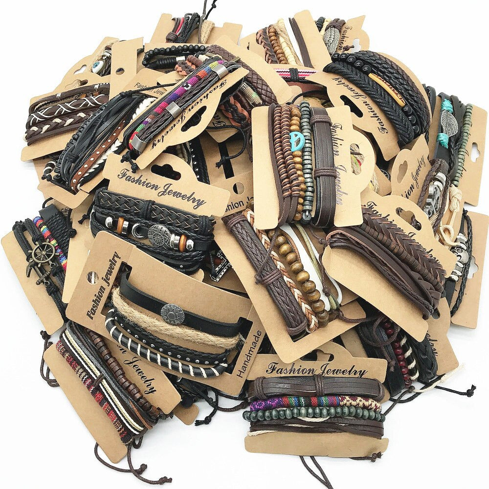 Wholesale 50Sets/Lot Wrap Leather Wood Beads Charm Adjustable Men'S Bracelets