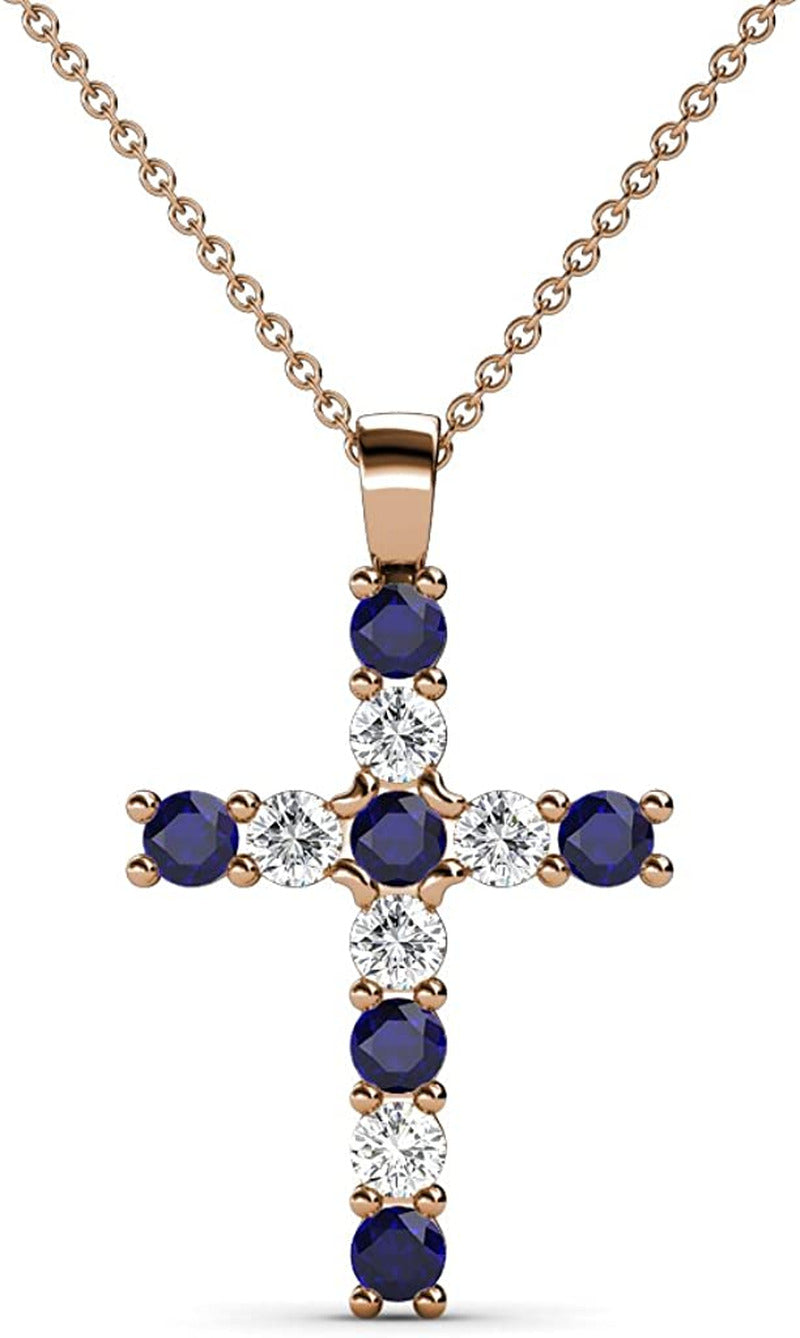 Petite Blue Sapphire & Natural Diamond (SI2-I1,G-H) Cross Pendant 0.34 Ctw 14K G
