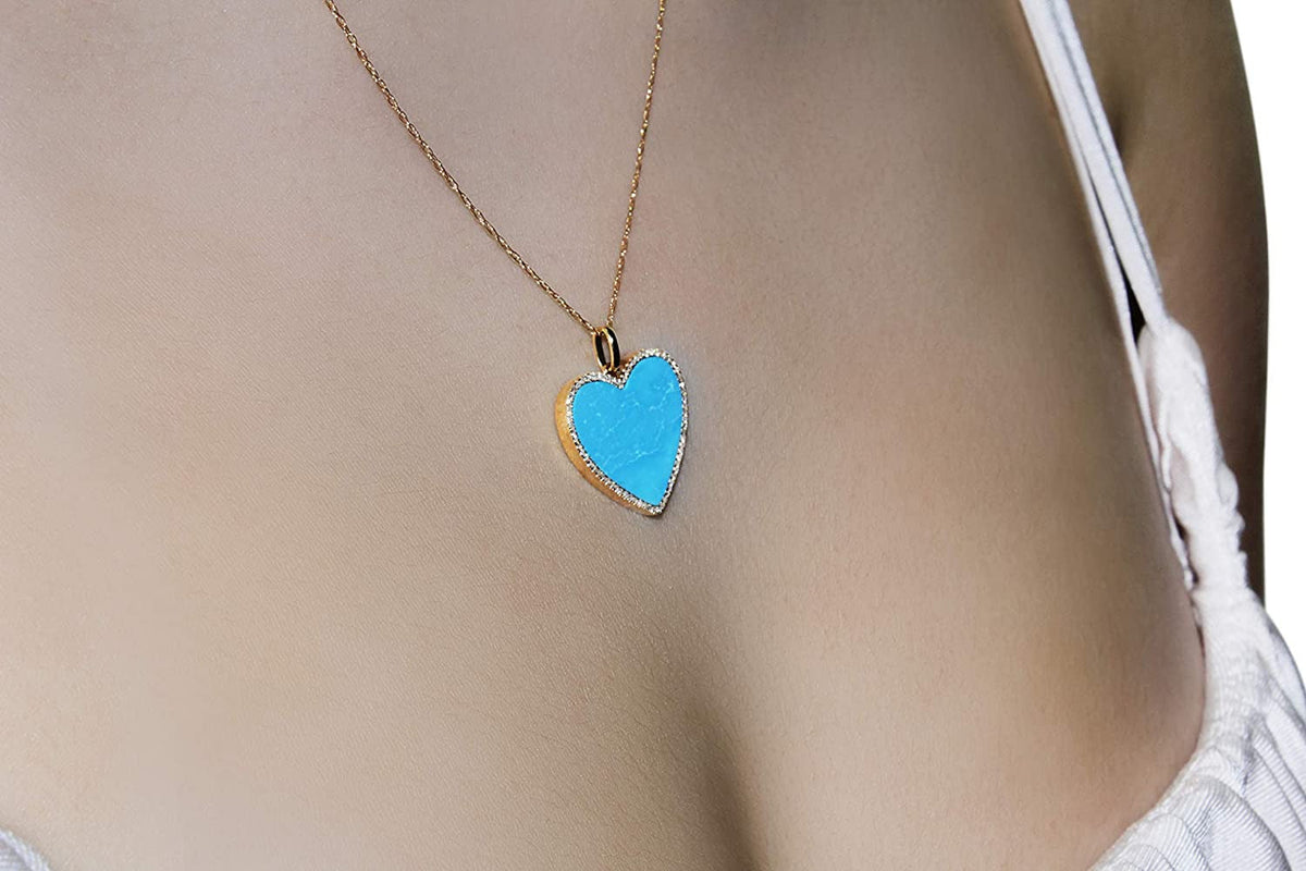 1/6 Carat Diamond and Turquoise or Blue Lapis Heart Pendant Necklace for Women i