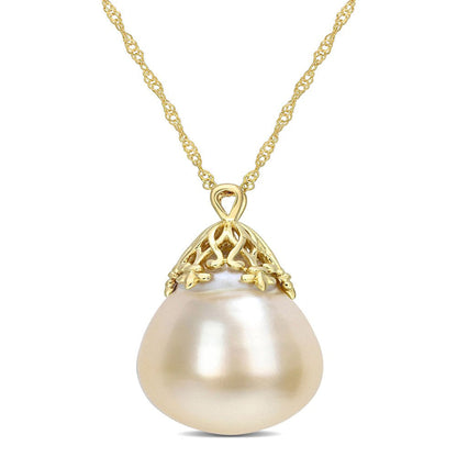 9-10Mm Drop South Sea Cultured Freshwater Pearl 14Kt Yellow Gold Woven Crown Dro