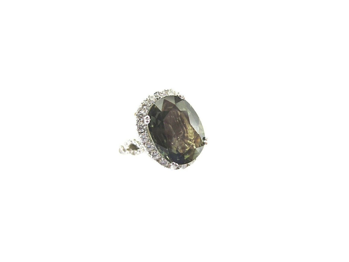 CERTIFIED GREEN SAPPHIRE OVAL FACETED 13.95X10.68X5.37MM SET ROUND DIAMOND HALO