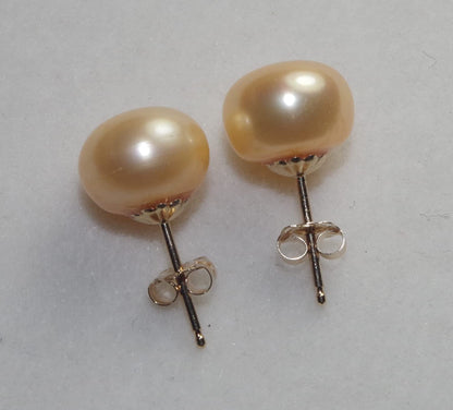 Quality Golden Champagne Pearl Semi round Dome Button 10 MM Stud Earrings 14K Go