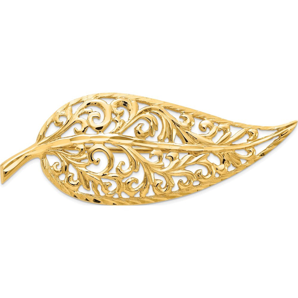 14K Yellow Gold Diamond-Cut Polished Filigree Leaf Pin (43.25 X 15.6) Made in Un