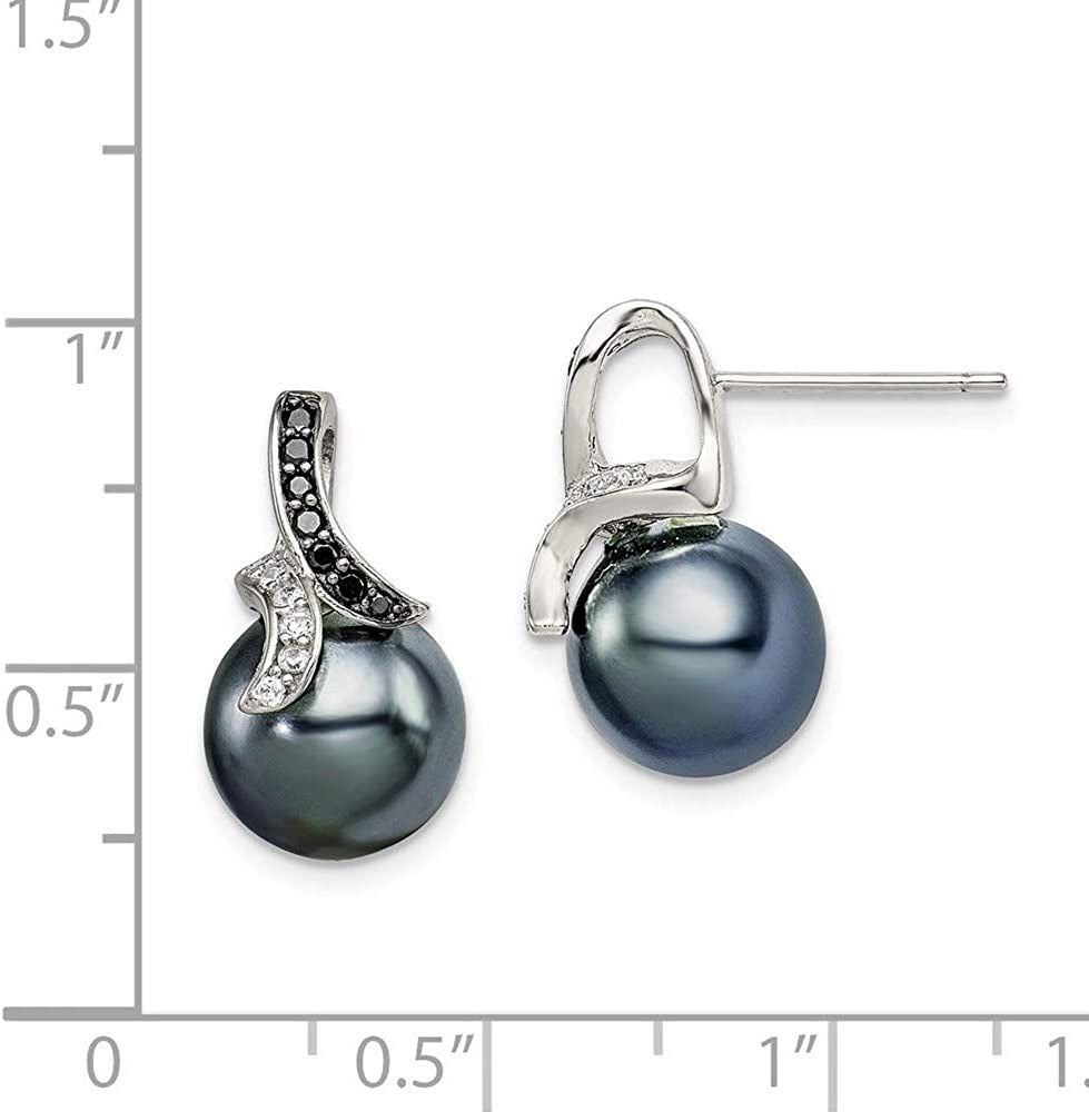 Solid 925 Sterling Silver Black and Clear Cubic Zirconia CZ Gray Shell Simulated