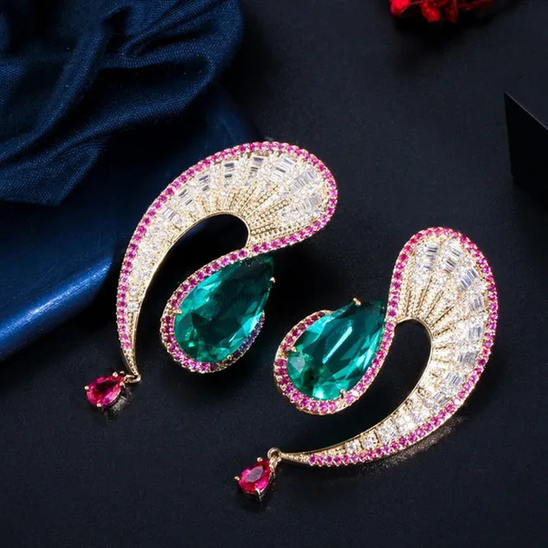 CANDICE Noble Micro Pave Tiny CZ Diamond Unique Leaf Shape Earrings with Emerald