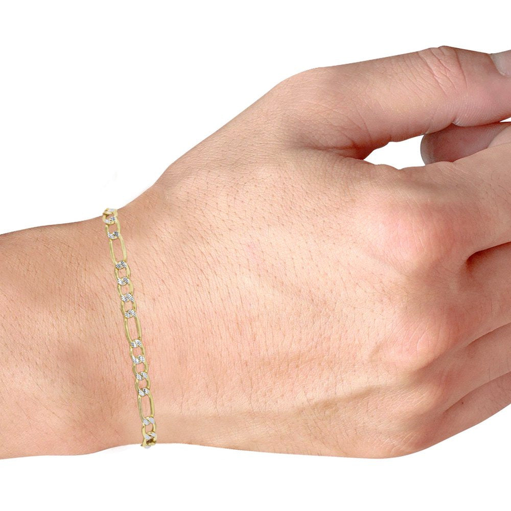 14K Yellow Gold 4.5Mm Figaro Chain Link Diamond Cut Pave Two Tone Bracelet, Mens