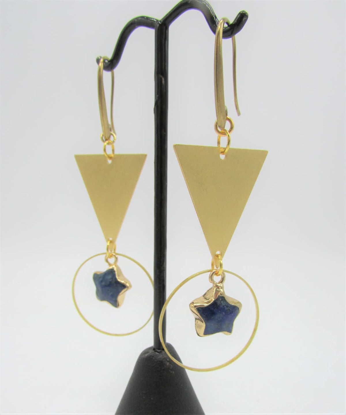 Lapis Lazuli Star Dangles with Brass Triangles & Hoop Links Raw Brass Earrings