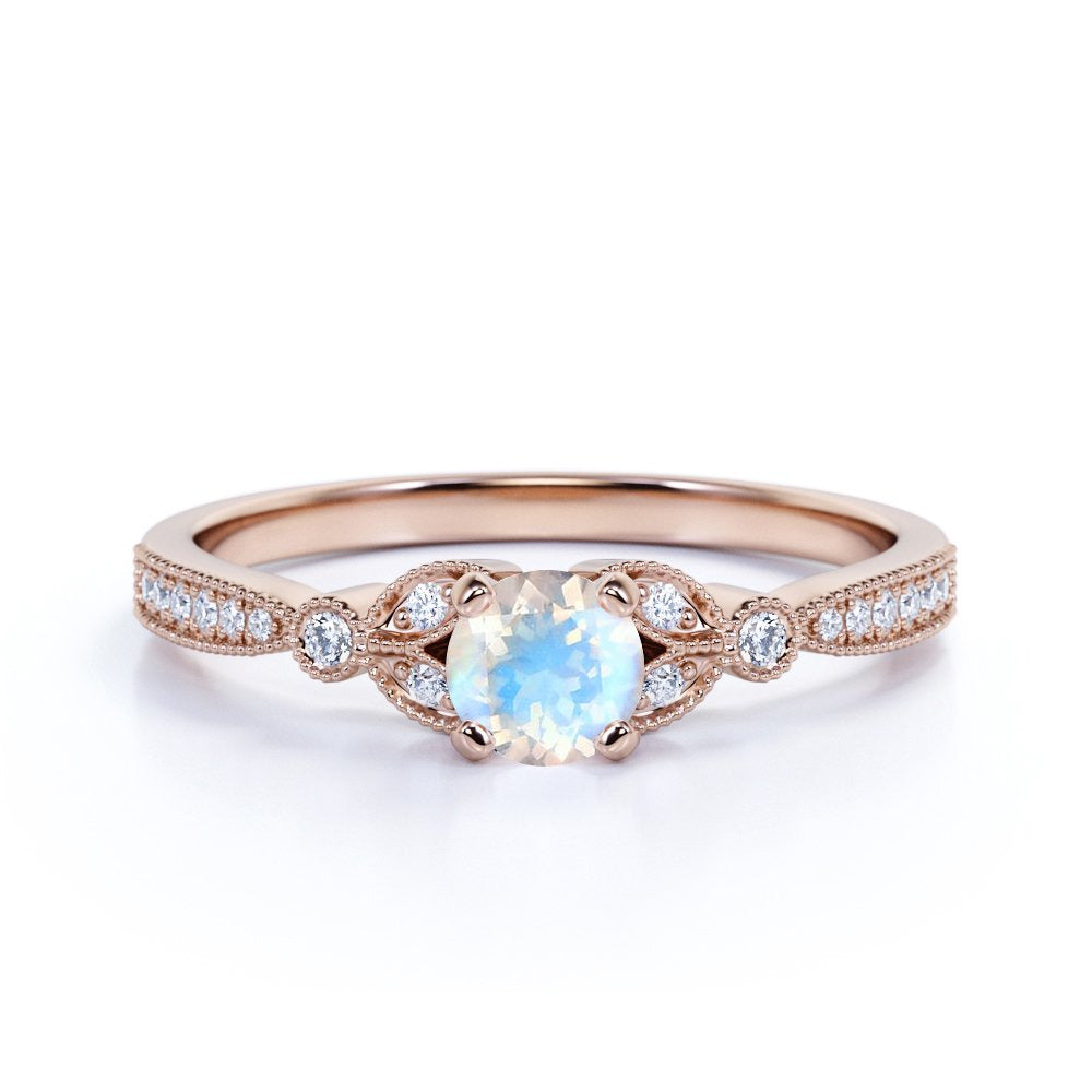 1.25 Ct - round Real Rainbow Moonstone Ring - June Birthstone - Vintage Engageme