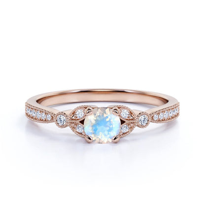 1.25 Ct - round Real Rainbow Moonstone Ring - June Birthstone - Vintage Engageme