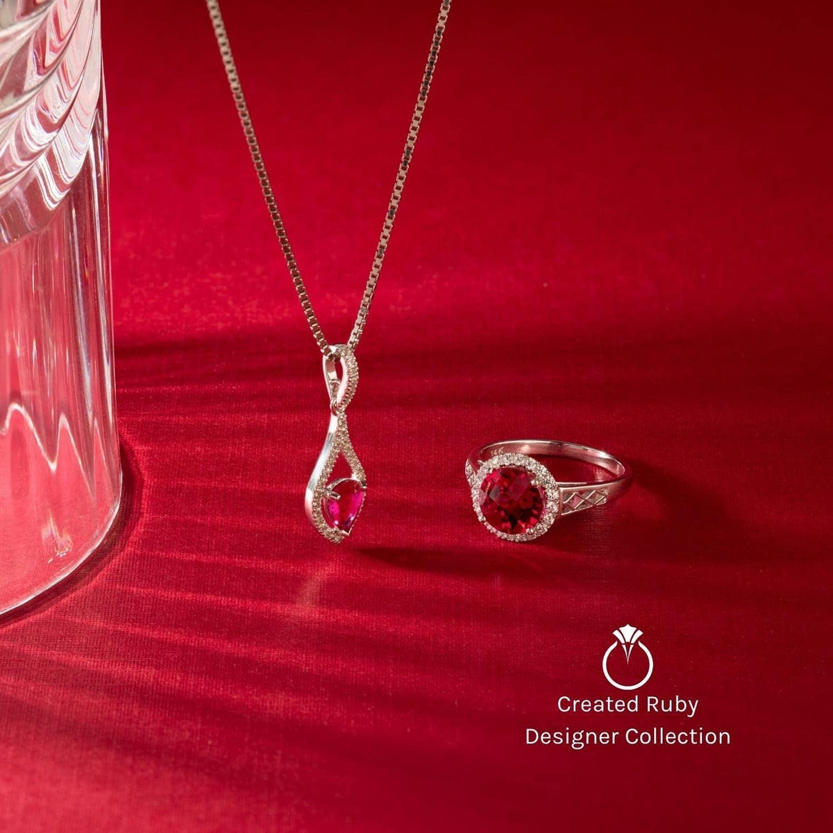 Created Ruby with Genuine Diamond Pendant in 14 Karat White Gold, Heart Shape So