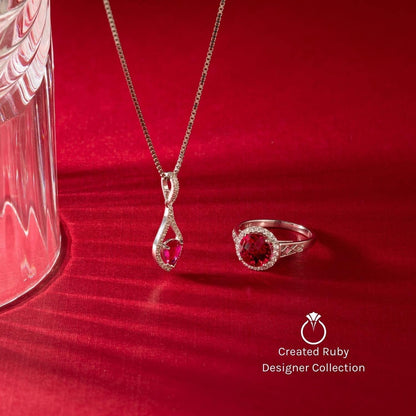Created Ruby with Genuine Diamond Pendant in 14 Karat White Gold, Heart Shape So
