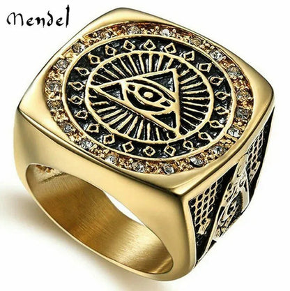 Mens Masonic Illuminati All Seeing Eye Gold Diamond Square Ring Size 7-13