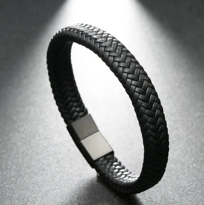Fashion Male Jewelry Braided Leather Bracelet Handmade Bracelet Black Stainless
