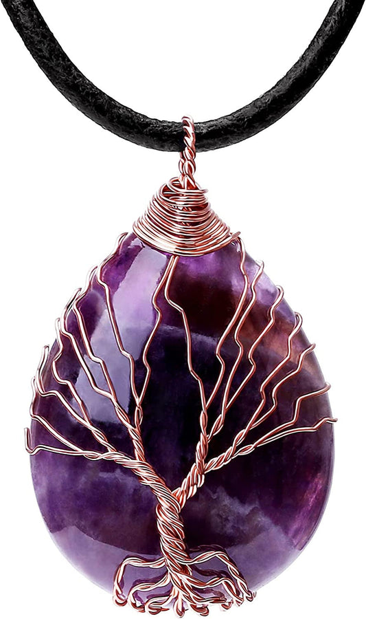 Tree of Life Teardrop Heart Amethyst Opal Pendant Necklace Copper Wire Wrapped G