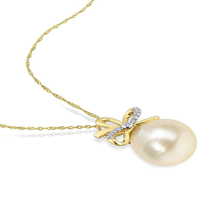 12 - 12.5Mm Drop Golden South Sea Cultured Pearl & Diamond Accent 14K Yellow Gol