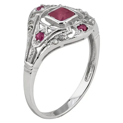 10K White Gold Vintage Style Genuine Ruby and Diamond Ring