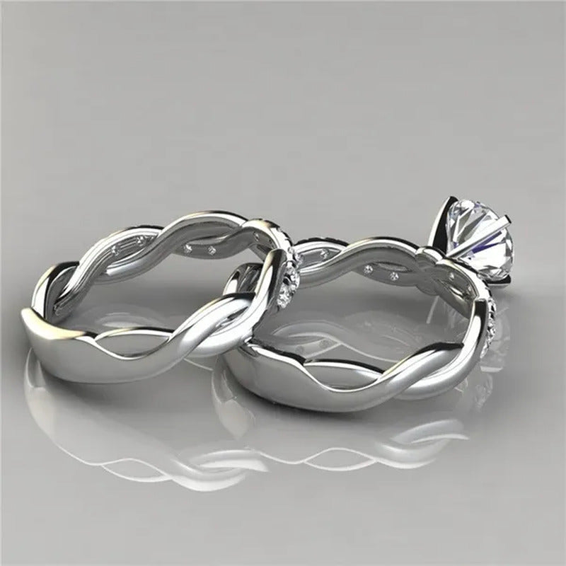 Women'S Dainty Twist round Cut White Sapphire Ring Set Bridal Engagement Diamond