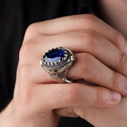 Luxurious Silver Color Blue Gem Men'S Ring Wedding Anniversary Gift Size 7-14