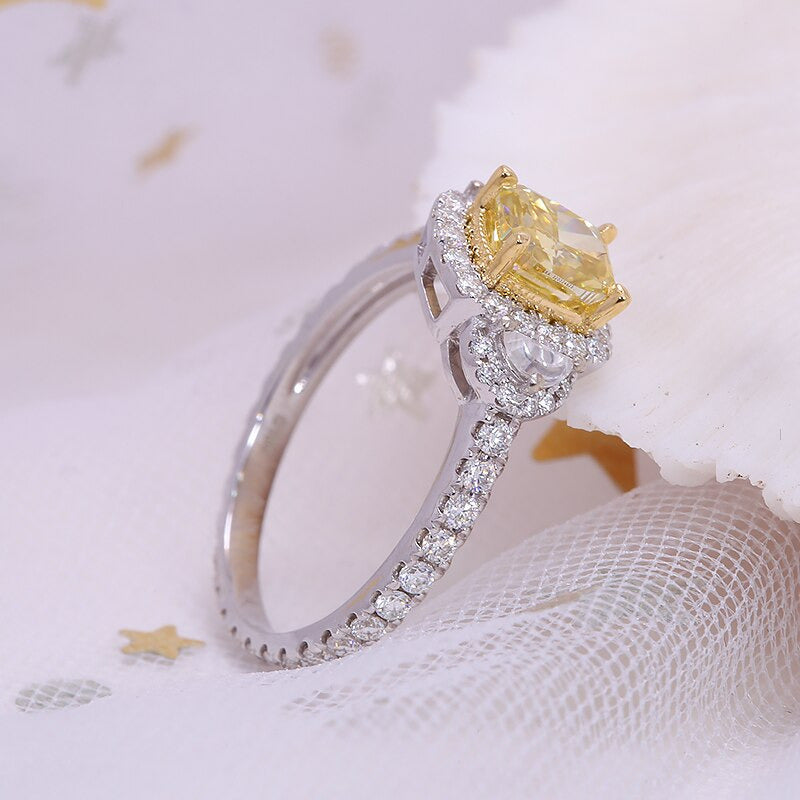 Fancy Yellow Moissanite Cushion Cut Engagement Ring 0.7Ct 5X6Mm for Women Real