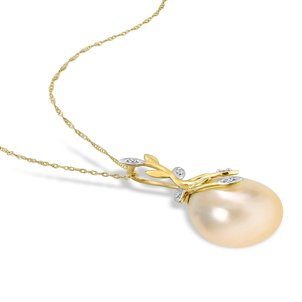 12 - 12.5Mm Drop Golden South Sea Cultured Pearl & Diamond Accent 14K Yellow Gol