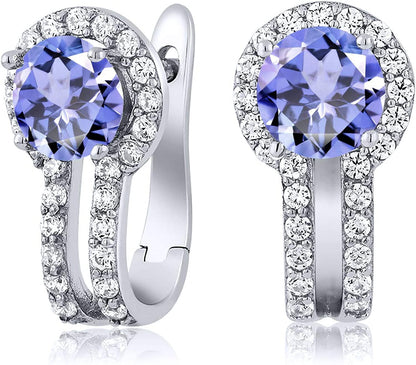 925 Sterling Silver Blue Tanzanite and White Created Sapphire Earrings for Women