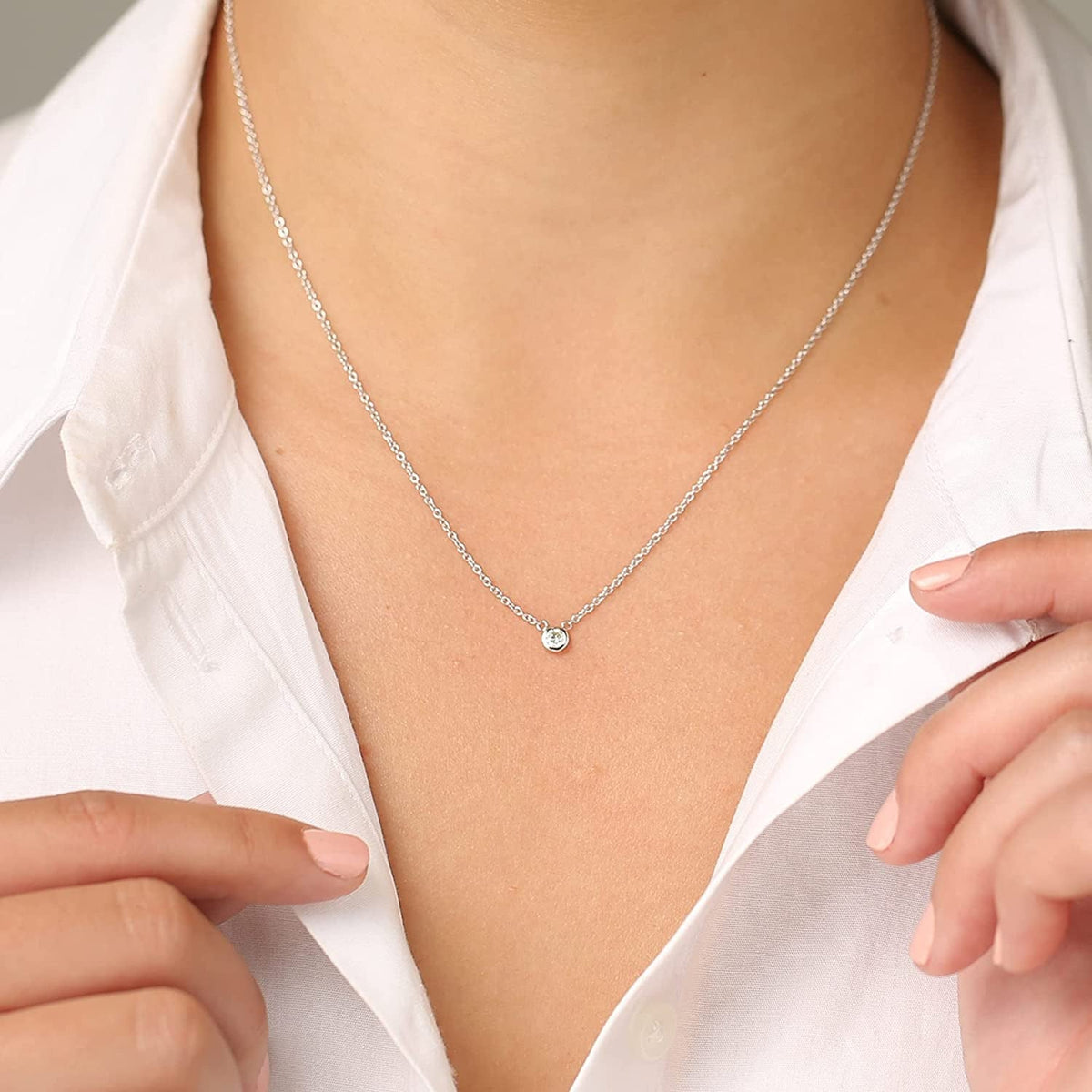 AGS Certified Natural Diamond Dainty Solitaire Bezel Necklace, 0.15~0.60 CTTW Pr