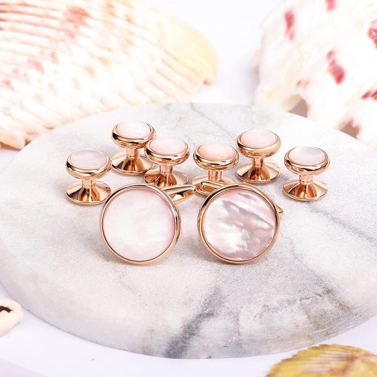 Cufflinks and Tuxedo Studs Set for Men with Gift Box, Rose Gold Tone Mother-Of-P