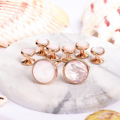 Cufflinks and Tuxedo Studs Set for Men with Gift Box, Rose Gold Tone Mother-Of-P