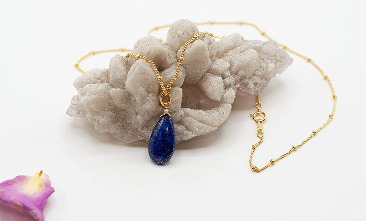 14K Gold-Filled Satellite Chain Necklace with a Smooth Lapis Lazuli Pendant, 18"