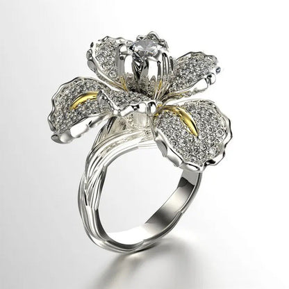 925 Silver Ring Iris Flower Two Tone Ring Blue Sapphire Flower Engagement Cockta