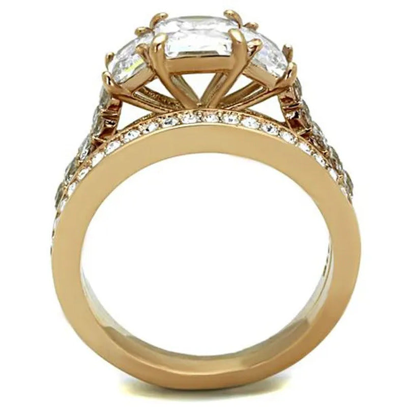 Women'S Stainless Steel 316 Rose Gold Emerald Cut Zirconia Wedding Ring Set Size