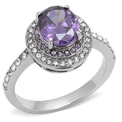 Women High Polished Stainless Steel Ring with AAA Grade CZ in Amethyst - Size 9