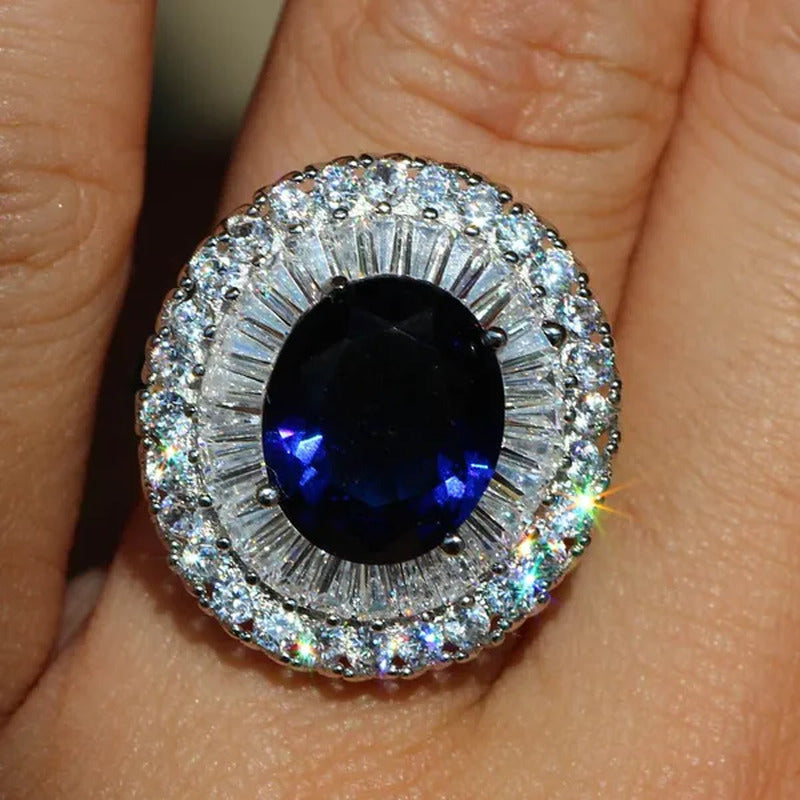 Elegant 925 Silver Sapphire & White Sapphire Birthstone Gemstones Engagement Wed