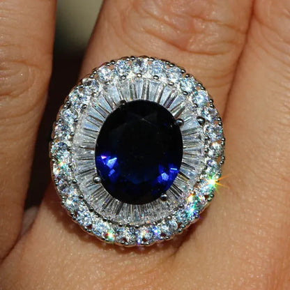 Elegant 925 Silver Sapphire & White Sapphire Birthstone Gemstones Engagement Wed