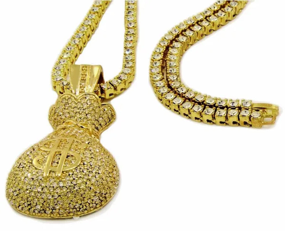 Mens 14K Gold Plated Hip-Hop Large Money Bag Pendant 24" 1 Row Lab Diamond Chain