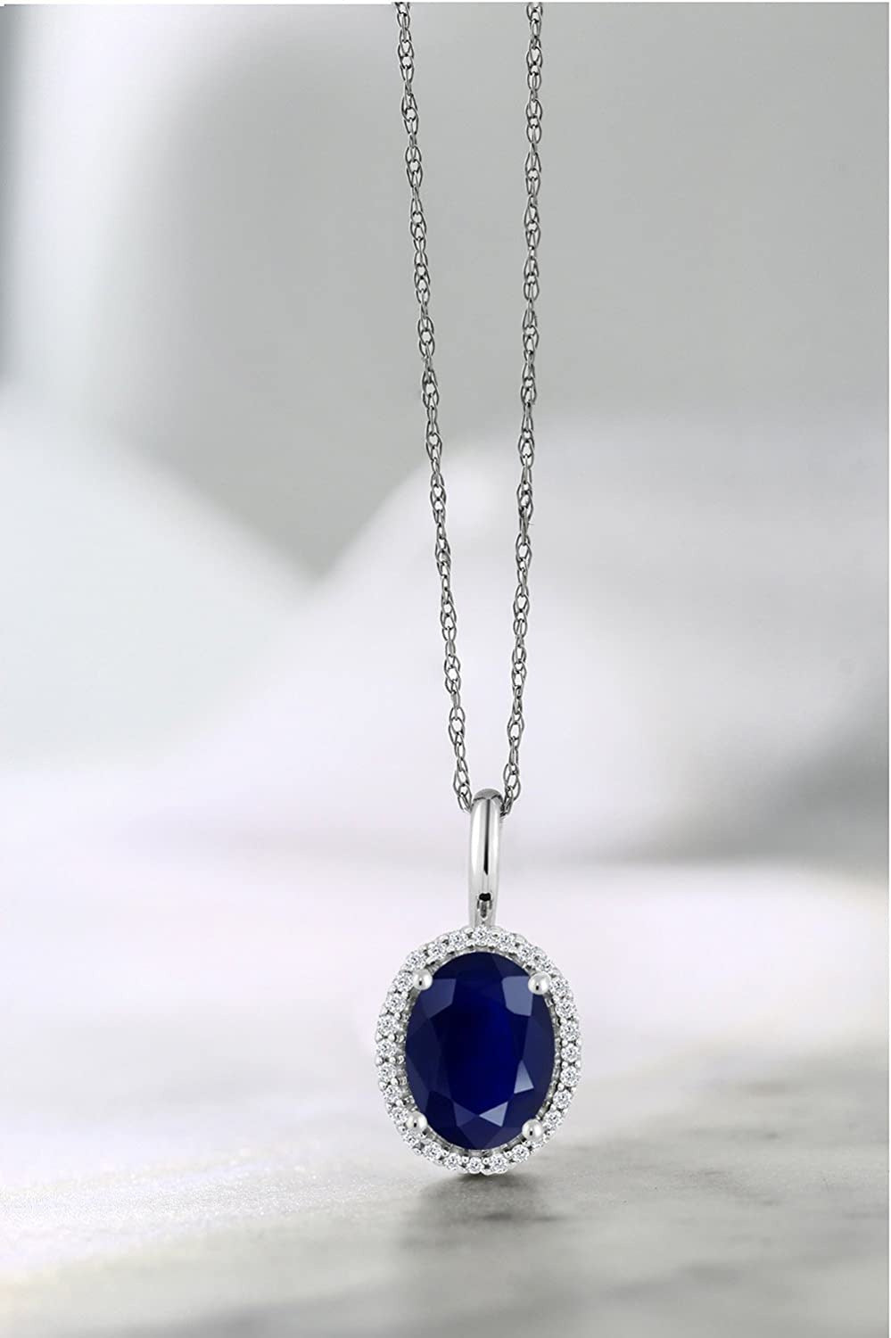 10K White Gold Blue Sapphire and Diamonds Women'S Halo Pendant Necklace (1.79 Ct