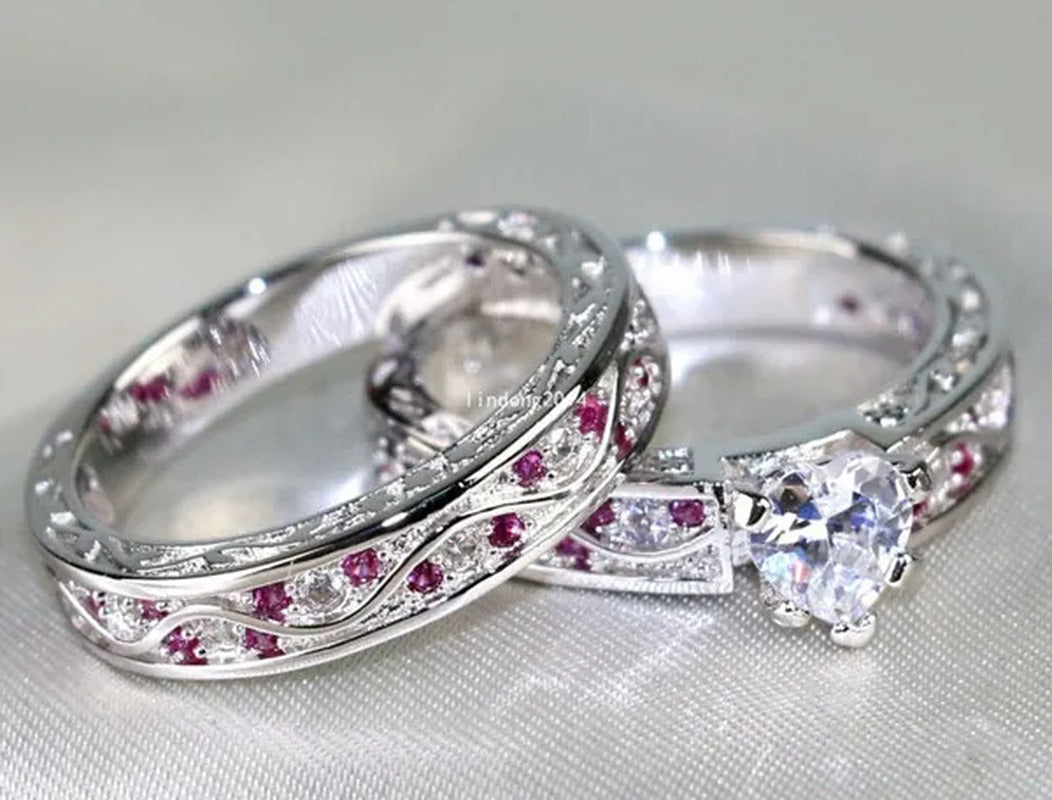 Heart 1Ct CZ Ruby 10KT White Gold Filled Claddagh Ring Sets Women'S Wedding Ring