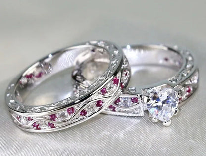 Heart 1Ct CZ Ruby 10KT White Gold Filled Claddagh Ring Sets Women'S Wedding Ring