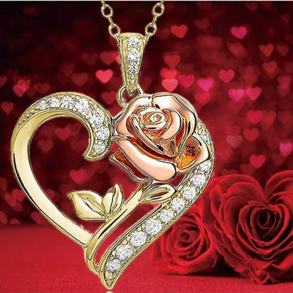 Exquisite Fashion Heart Rose Zircon Necklace Couple Heart Pendant Engagement Nec